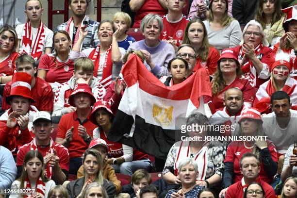 Supporter waves an egyptian flag among Danish fans in the stands during the Men's IHF World Handball Championship Group IV match between Egypt and...