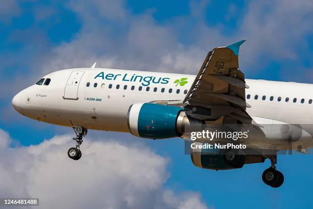 Aer Lingus Airbus A320 aircraft as seen flying on final approach over the houses of Myrtle avenue in London, a famous planespotting location, for...