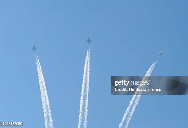 Indian Air Force's Sukhoi aircrafts fly past during the full dress rehearsal of the Republic Day Parade 2023 at ITO on January 23, 2023 in New Delhi,...