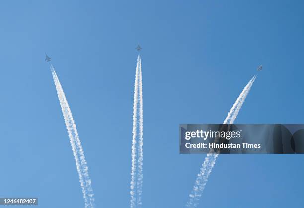 Indian Air Force's Sukhoi aircrafts fly past during the full dress rehearsal of the Republic Day Parade 2023 at ITO on January 23, 2023 in New Delhi,...