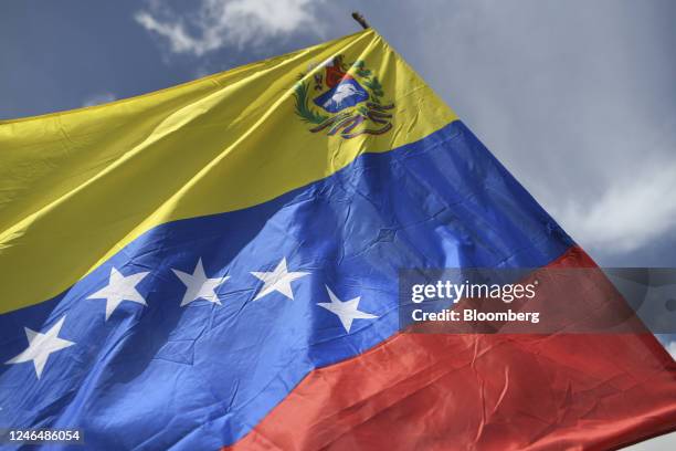 Venezuelan flag during a pro-government rally in protest against US sanctions in Caracas, Venezuela, on Monday, Jan. 23, 2023. The US State...