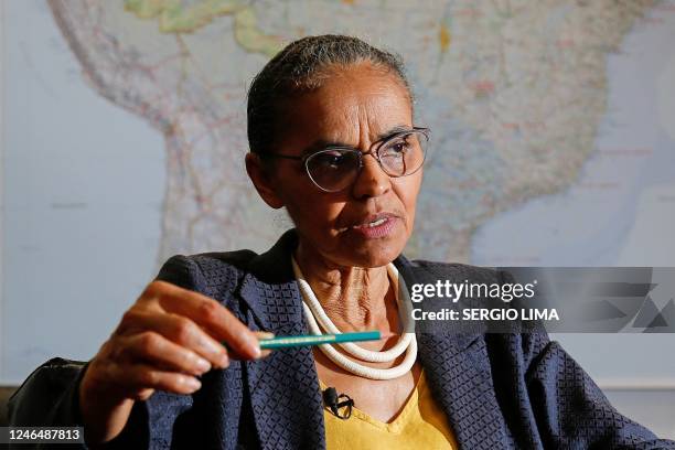 Brazil's Environment Minister Marina Silva speaks during an interview with AFP at her office in the ministry headquarters, in Brasilia, on January...