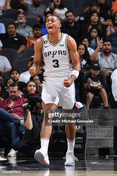 Keldon Johnson of the San Antonio Spurs looks on during a preseason game on October 13, 2022 at the AT&T Center in San Antonio, Texas. NOTE TO USER:...