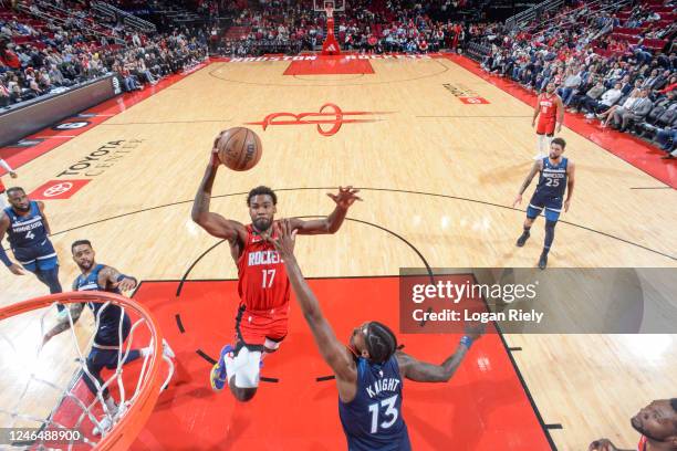 Tari Eason of the Houston Rockets drives to the basket during the game against the Minnesota Timberwolves on January 23, 2023 at the Toyota Center in...