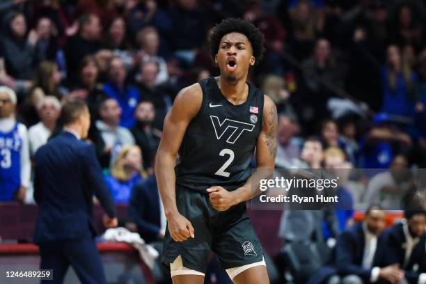 Guard MJ Collins of the Virginia Tech Hokies reacts in the second half during a game against the Duke Blue Devils at Cassell Coliseum on January 23,...