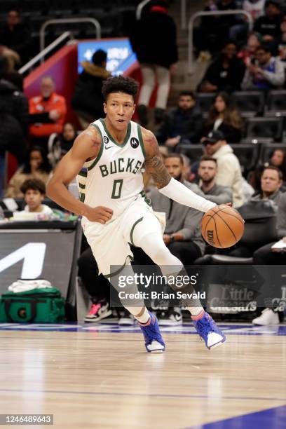 Marjon Beauchamp of the Milwaukee Bucks dribbles the ball during the game against the Detroit Pistons on January 23, 2023 at Little Caesars Arena in...