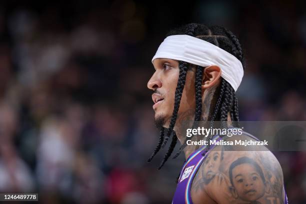 Jordan Clarkson of the Utah Jazz looks on during the game against the Charlotte Hornets on January 23, 2023 at vivint.SmartHome Arena in Salt Lake...