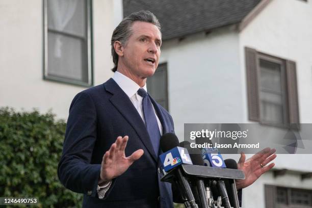 Gavin Newsom visits with Brandon Tsay who disarmed the gunman who opened fire at a ballroom dance studio in Monterey Park on Monday, Jan. 23, 2023 in...