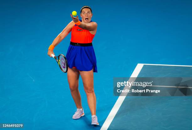 Jelena Ostapenko of Latvia in action against Elena Rybakina of Kazakhstan in her quarter-final match on Day 9 of the 2023 Australian Open at...