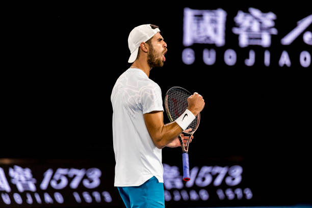 Karen Khachanov of Russia celebrates during the Quarterfinals of the 2023 Australian Open on January 24 2023, at Melbourne Park in Melbourne,...