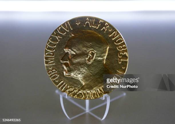 Nobel Peace Prize medal showing Swedish chemist, engineer, inventor, businessman, and philanthropist Alfred Nobel is seen during the Kyiv Security...