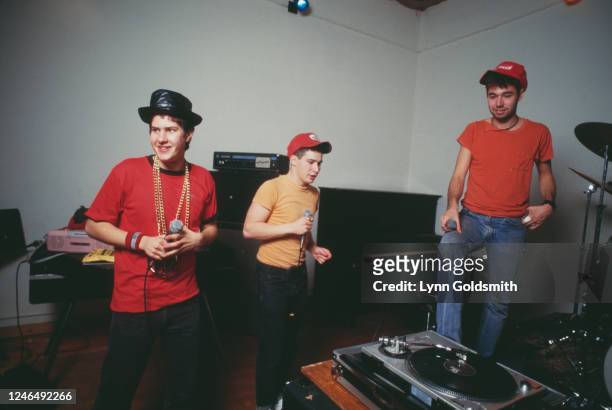 View of members of American Rap group Beastie Boys, 1987. Pictured are, from left, Mike D , Ad-Rock , and MCA .