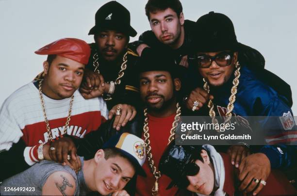Portrait of members of American Rap groups Beastie Boys and Run-DMC, 1987. Pictured are DJ Hurricane , Ad-Rock , MCA , and Mike D , all of Beastie...