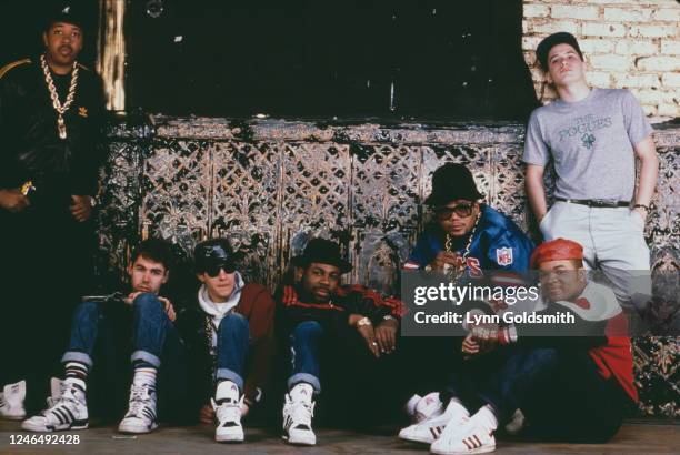 Portrait of members of American Rap groups Run-DMC and Beastie Boys, 1987. Pictured are Run , Jam Master Jay , and DMC , all of Run-DMC, and MCA ,...