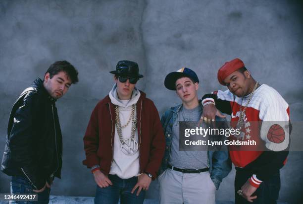 Portrait of members of American Rap group Beastie Boys, 1987. Pictured are, from left, MCA , Mike D , Ad-Rock , and DJ Hurricane .