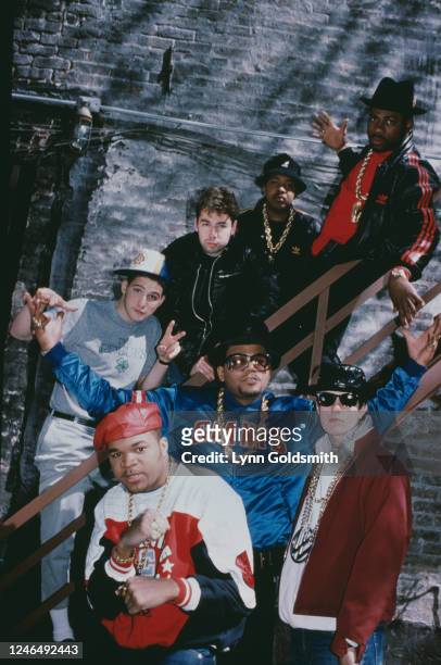 Portrait of members of American Rap groups Beastie Boys and Run-DMC, 1987. Pictured are Ad-Rock , DJ Hurricane , MCA , and Mike D , all of Beastie...