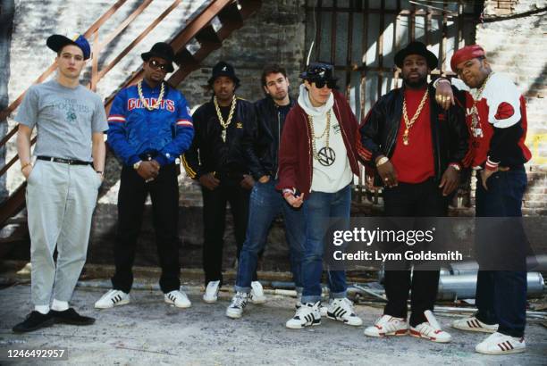 Portrait of members of American Rap groups Beastie Boys and Run-DMC, 1987. Pictured are Ad-Rock , MCA , Mike D , and DJ Hurricane , all of Beastie...