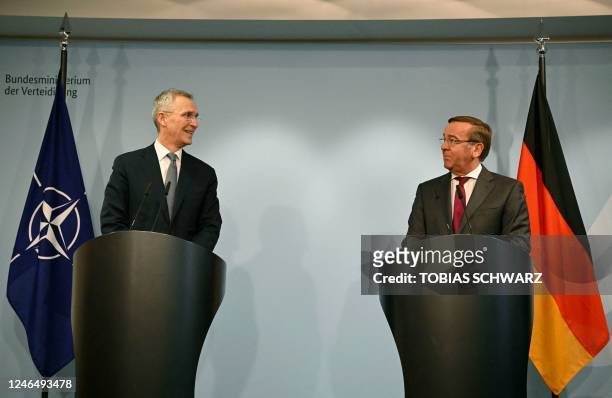 Germany's new Defence Minister Boris Pistorius holds a joint press conference with NATO chief Jens Stoltenberg after talks on January 24, 2023 at the...