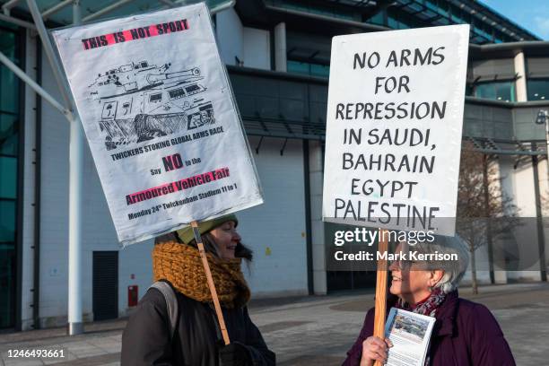 Campaigners against the arms trade from various faith and solidarity groups protest outside Twickenham Stadium against their hosting of the...