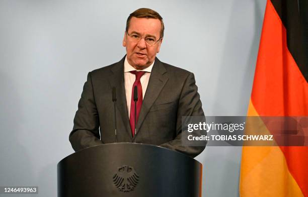 Germany's new Defence Minister Boris Pistorius gives a joint press conference with the NATO chief following talks on January 24, 2023 at the Defence...