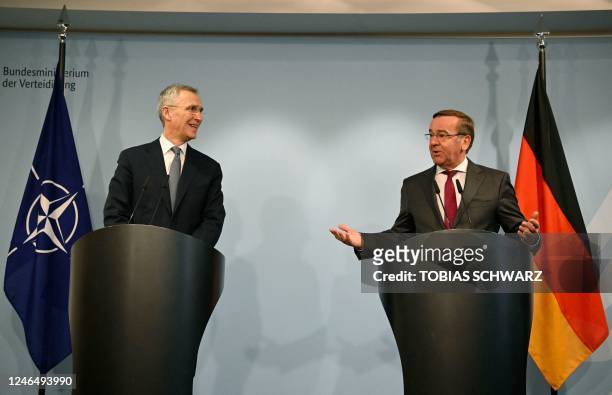Germany's new Defence Minister Boris Pistorius and NATO chief Jens Stoltenberg give a joint press conference following talks on January 24, 2023 at...