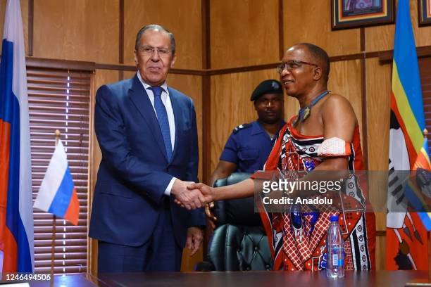 Russian Foreign Minister Sergey Lavrov is being received by Swatini Prime Minister Cleopas Dlamini in Mbabane, Eswatini on January 24, 2023.