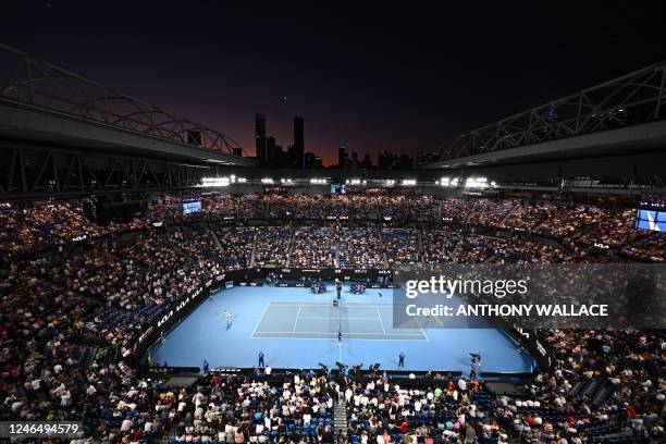 General view shows the crowd at Rod Laver Arena as Czech Republic's Jiri Lehecka and Greece's Stefanos Tsitsipas warm up before their men's singles...