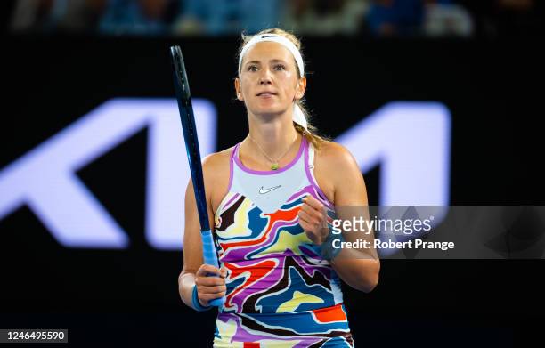 Victoria Azarenka of Belarus celebrates defeating Jessica Pegula of the United States in her quarter-final match on Day 9 of the 2023 Australian Open...