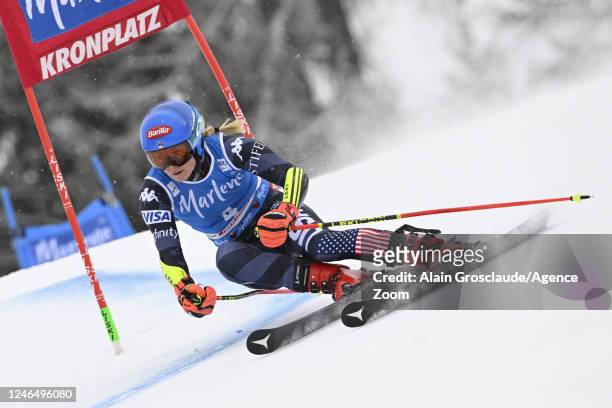 Mikaela Shiffrin of Team United States in action during the Audi FIS Alpine Ski World Cup Women's Giant Slalom on January 24, 2023 in Kronplatz,...