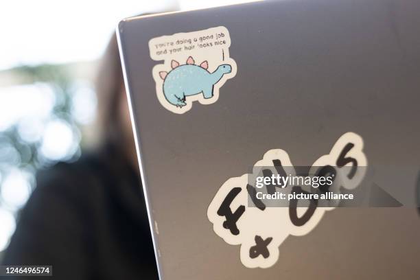 January 2023, Hessen, Frankfurt/Main: A woman works on a laptop in a coworking space with a sticker that reads "Fin + Ops" for finance and...