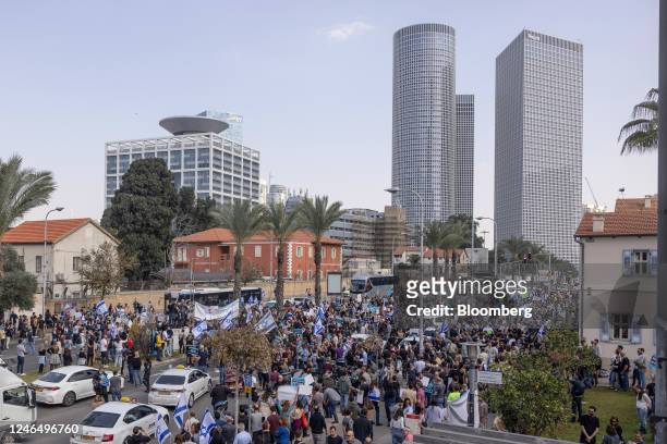 Demonstrators block a road during a protest by tech workers against proposed judicial reforms in Tel Aviv, Israel, on Tuesday, Jan. 24, 2023....