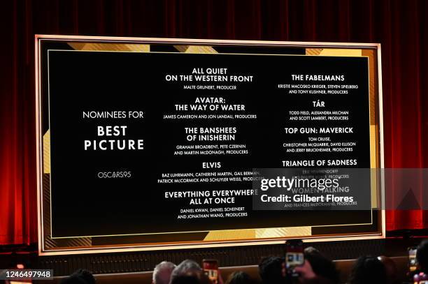 The Nominees for Best Picture at the 95th Oscar Nominations Announcement held at the Samuel Goldwyn Theater on January 24, 2023 in Beverly Hills,...