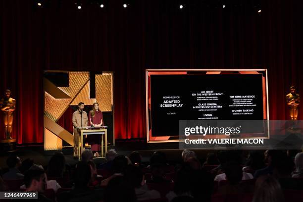 British actor Rizwan Ahmed and US actress Allison Williams announce the nominees for Adapted Screenplay during the 95th Academy Awards nominations...