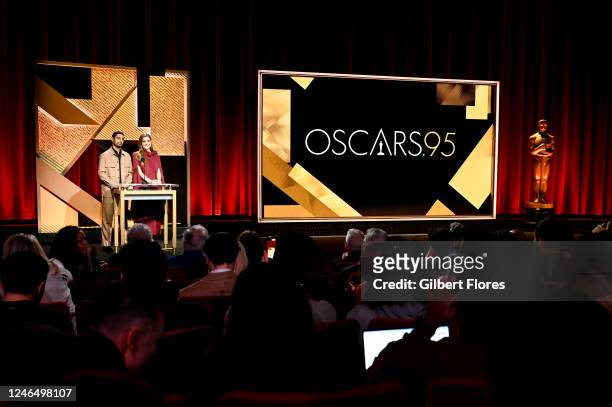 Riz Ahmed and Allison Williams at the 95th Oscar Nominations Announcement held at the Samuel Goldwyn Theater on January 24, 2023 in Beverly Hills,...