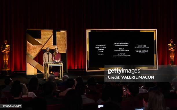 British actor Rizwan Ahmed and US actress Allison Williams announce the nominees for Live Action Short Film during the 95th Academy Awards...