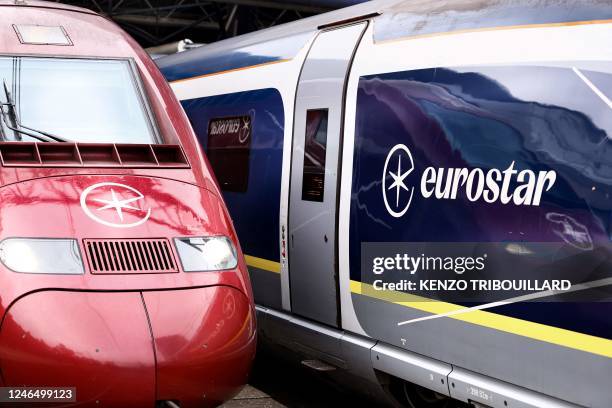 This picture shows the new logo of the high-speed train operator Eurostar group on a Eurostar train and a Thalys train at the the Bruxelles-Midi...