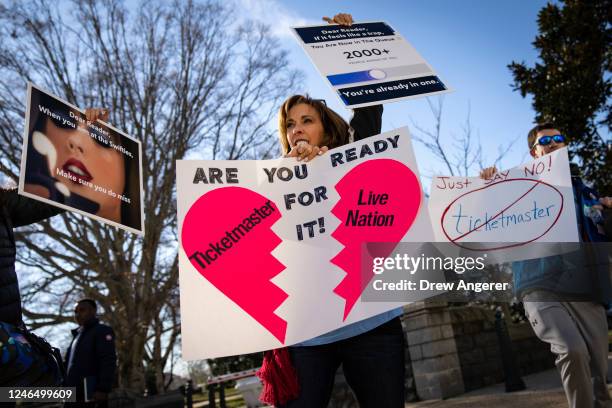 Penny Harrison and her son Parker Harrison rally against the live entertainment ticket industry outside the U.S. Capitol January 24, 2023 in...