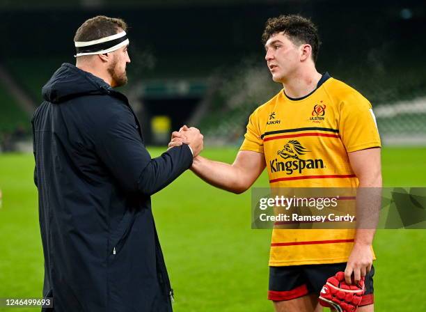 Dublin , Ireland - 17 December 2022; Rob Herring, left, and Tom Stewart of Ulster after the Heineken Champions Cup Pool B Round 2 match between...