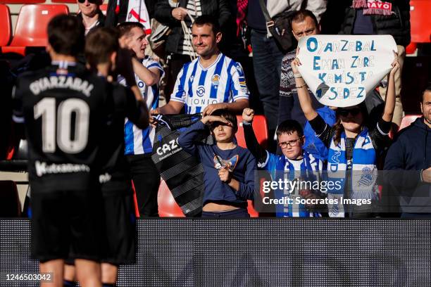 Supporters of Real Sociedad during the La Liga Santander match between Rayo Vallecano v Real Sociedad at the Campo de Futbol de Vallecas on January...