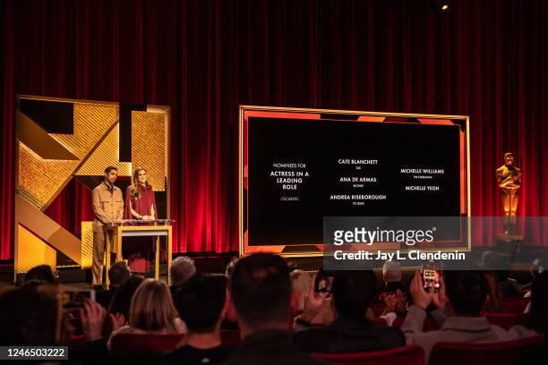Beverly Hills, CA Actors Riz Ahmed and Allison Williams read the nominations for Actress in a Leading Role, including Cate Blanchett , Ana de Armas ,...