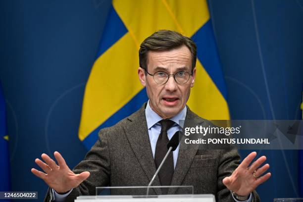 Sweden's Prime Minister Ulf Kristersson gestures during a press confrence on Sweden's NATO bid in Stokcholm, Sweden, on january 24, 2023. - Sweden...