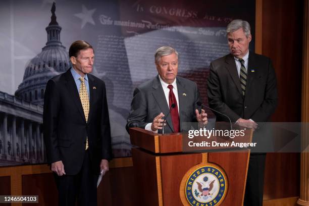 Sen. Richard Blumenthal , Sen. Lindsey Graham and Sen. Sheldon Whitehouse speak during a news conference about their recent trip to Ukraine, at the...