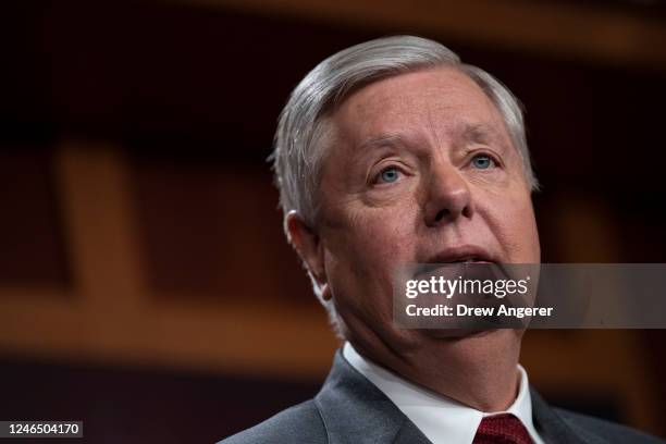 Sen. Lindsey Graham speaks during a news conference about a recent trip to Ukraine, at the U.S. Capitol January 24, 2023 in Washington, DC. The group...