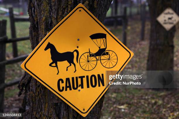 Horse and wagon crossing sign near a Mennonite settlement in St. Jacobs, Ontario, Canada.