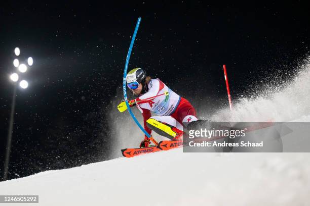 Manuel Feller of Austria performs during the first run of the Audi FIS Alpine Ski World Cup Men's Slalom race on January 24, 2023 in Schladming,...