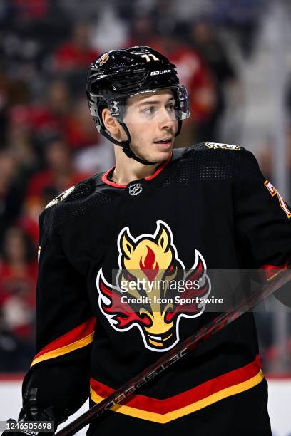 Calgary Flames Right Wing Walker Duehr looks on after a whistle during the first period of an NHL game between the Calgary Flames and the Colorado...