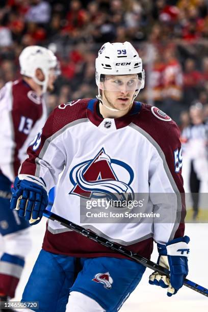 Colorado Avalanche Center Ben Meyers looks on during the first period of an NHL game between the Calgary Flames and the Colorado Avalanche on January...