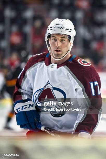 Colorado Avalanche Defenceman Brad Hunt warms up before an NHL game between the Calgary Flames and the Colorado Avalanche on January 18 at the...