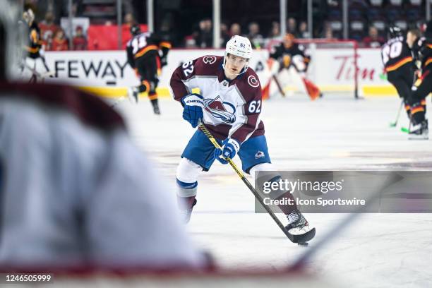 Colorado Avalanche Left Wing Artturi Lehkonen warms up before an NHL game between the Calgary Flames and the Colorado Avalanche on January 18 at the...