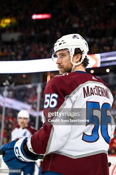 Colorado Avalanche Defenceman Kurtis MacDermid looks on during the first period of an NHL game between the Calgary Flames and the Colorado Avalanche...